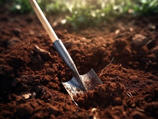 Dedication and Perseverance: Close-Up of Shovel Digging into Dirt – A Symbol of Hard Work – Perfect for Gardening and Construction Themes