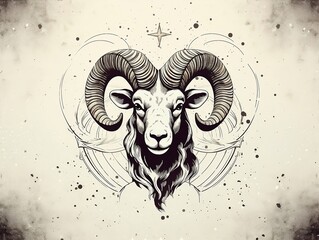 Bold and Ambitious Nature of Aries: Tattoo Design of a Ram Highlighting Its Curved Horns and Strong Form Against a Starry Sky – Perfect for Astrology and Tattoo Art Themes