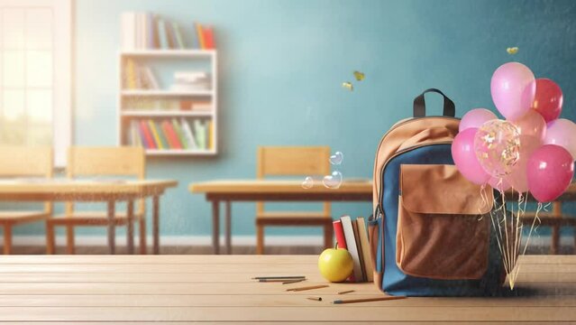 back to school concept with bag and book animation. Cartoon or anime illustration style. seamless looping 4K time-lapse virtual video animation background	