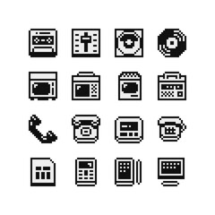 Retro devices pixel art icon old set school 80s flat style, radio, CD player, TV, radio, handset, tablet, speaker. Game assets 1-bit sprite, sticker, mobile app and logo. Isolated vector illustration.