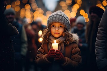 A little girl child standing and holding a candle in outside at christmas market and lights in the background, winter snow Christmas Holidays