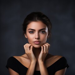 Portrait of young beauty model woman with natural make up and two hands touching her face on plain background