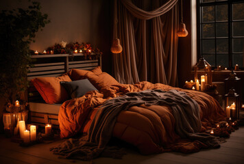 Cozy bedroom with stylish decoration in autumnal style