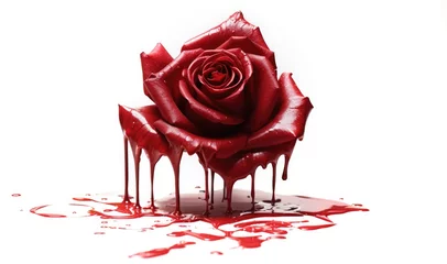 Fototapeten red rose in a pool puddle of dripping blood. Purity, Arousal, Symbol, Thorns, Deep, Connection © ana
