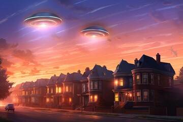 Illustrated glowing UFO flying above houses. Generative AI