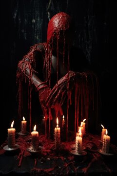 blood soaked person seated on the ground. many lit candles. dripping blood. melting red wax. Umbanda, Quimbanda, Cult of Maria Lionza, Santería, Vodou (Voodoo), Candomblé Ketu