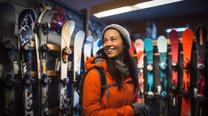 Rolgordijnen Woman picks out ski equipment for the mountains at the store © MP Studio