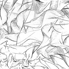Monochrome texture composed of irregular graphic elements. Distressed uneven grunge background. Abstract vector illustration. Overlay for interesting effect and depth. Isolated on white background.