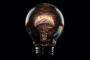 Human brain inside a light bulb on black background. 3d illustration