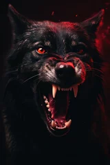 Schilderijen op glas angry growling evil looking black werewolf, wolf, lycan, lycanthrope. folkloric fantasy creature. glowing red eyes. sharp teeth, fangs, canine.  © ana