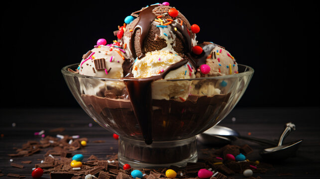 An image of an ice cream sundae with chocolate
