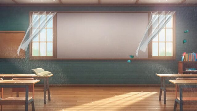 empty school or university classroom with big chalkboard. Cartoon or anime watercolor painting illustration style. seamless looping 4K virtual video animation background