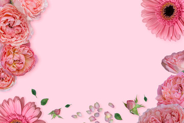Pink floral assorted roses and gerber flower border on rose background