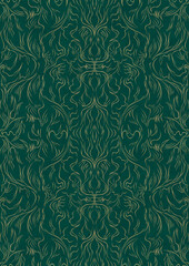 Hand-drawn unique abstract symmetrical seamless gold ornament on a dark cold green background. Paper texture. Digital artwork, A4. (pattern: p11-1d)