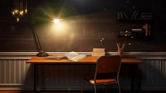 reading a book at the study table with study lamp and book in the night. Cartoon or anime watercolor painting illustration style. seamless looping 4K virtual video animation background