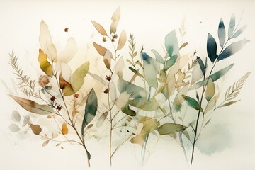 Minimalistic botanical illustrations on fine textured natural background using watercolor alcohol ink technique with natural colors. Generative AI
