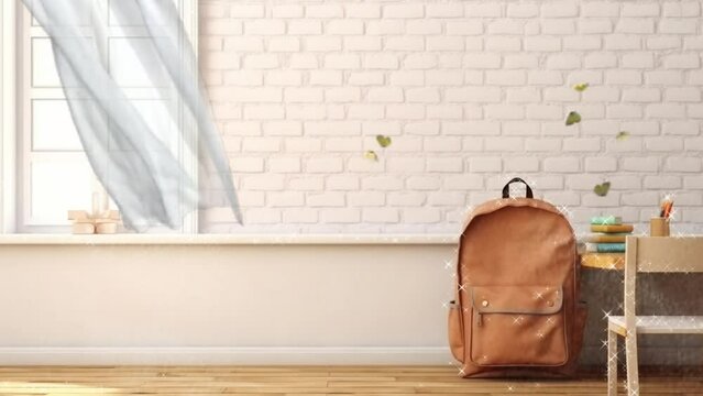 back to school concept with bag and book animation. Cartoon or anime illustration style. seamless looping 4K time-lapse virtual video animation background