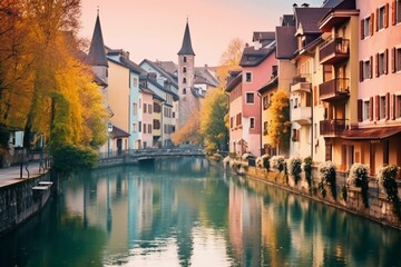 A stunning view of a picturesque town along a beautiful waterway. Generative AI