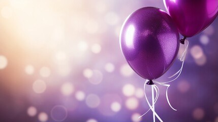 purple party balloons on blurred bokeh lights background generated by AI tool 