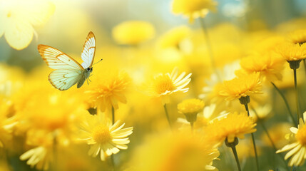 Cheerful buoyant spring background of yellow santolina flowers and butterflies in meadow in nature on bright sunny day.