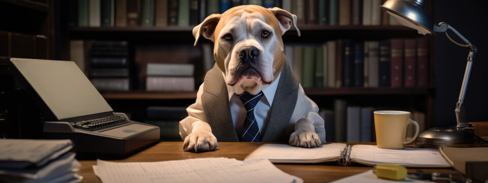 Serious dog in the form of an accountant or businessman sitting at a desk with a bunch of different papers and documents