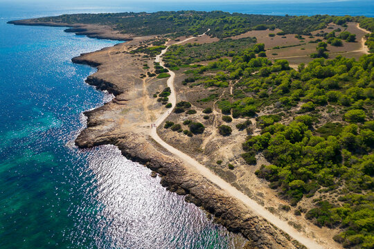 Cala Millor Mallorca shoreline with trail aerial viewduring sunny day