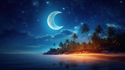Ramadan concept - Crescent moon over the tropical sea - obrazy, fototapety, plakaty