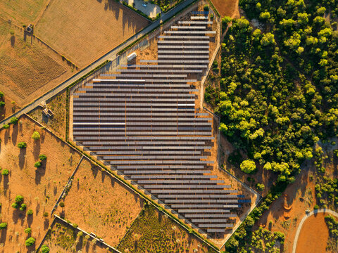 Aerial view from drone of photovoltaic solar panels farm, Malorca, Spain