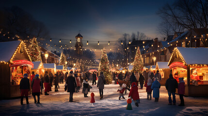 a charming holiday market in a historic town square, with wooden stalls selling handmade gifts, steaming mugs of hot cocoa, and an ice rink where families joyfully skate under the twinkling stars, cap - obrazy, fototapety, plakaty