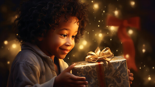 Witness a heartwarming moment as a child opens a beautifully wrapped gift under the Christmas tree, their eyes sparkling with delight, a reminder of the joy and wonder that the holiday season brings 