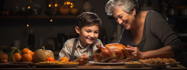 Grandmother teaches her grandchildren how to cook a Thanksgiving turkey - obrazy, fototapety, plakaty