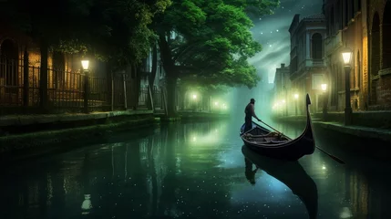 Foto op Canvas Venetian gondolier punting gondola through green canal © Marry