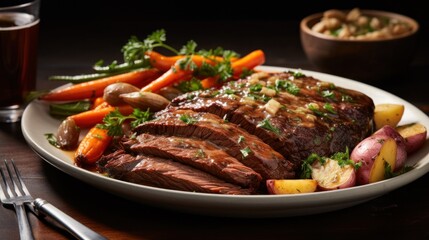 Classic beef pot roast with carrots, onions, and gravy
