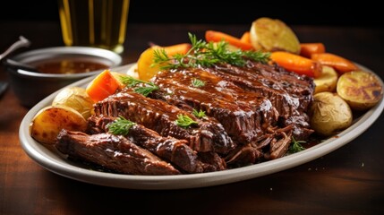 Classic beef pot roast with carrots, onions, and gravy