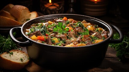 Hearty beef stew with vegetables in a rustic pot