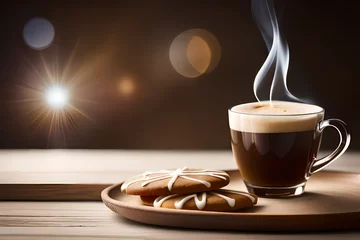  cup of coffee with chocolate, cookies, cup of coffee and cookies on the plate, breakfast,  © Mishal