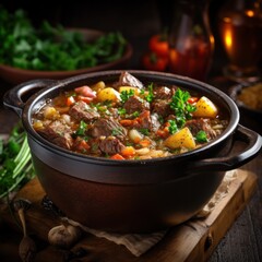Hearty beef stew with vegetables in a rustic pot