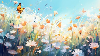 Flower meadow with butterfly. Nature background. Soft focus.
