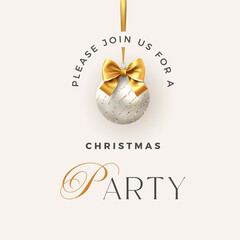 Christmas party festive card with white and gold 3d ball bauble with golden ribbon. Xmas decoration vector illustration