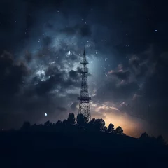 Deurstickers modern telecommunications tower with antennae reaching out into the night sky, illuminated by the moonlight © Никита Жуковец