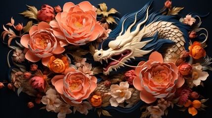 Dragon Zodiac Sign with Flowers and Asian Elements in Paper Cut Style, AI generated