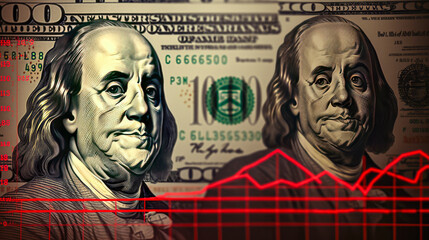 Dollar banknotes and a portrait of Benjamin Franklin on a dark background