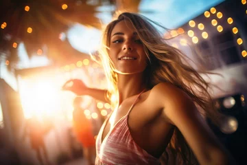 Zelfklevend Fotobehang Portrait of happy beautiful young woman with long straight blonde hair in dance movement at beach disco bar. Summer vacation, holiday, happiness, best tropical beach party chill out music concept © vejaa