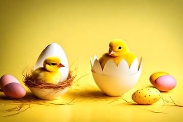 Adorable Easter Chick in Eggshell on Yellow Background