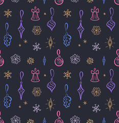 Seamless Christmas pattern with gold and multi-colored symbols.