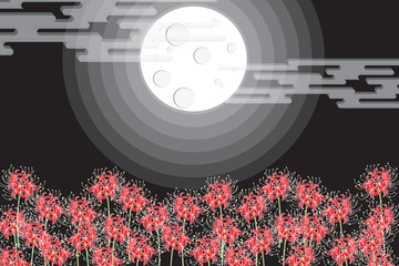 illustration Abstract of red spider lily flower with full moon on black background.