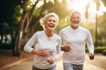 woman senior man outdoor running couple lifestyle sport smiling together jogging healthy nature fit happy active retirement exercise fitness run
