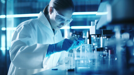 Scientist in biotechnological laboratory is researching new methods treating diseases. Chemist working in a laboratory.