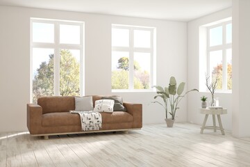 White modern interior design with sofa. Scandinavian interior design. 3D illustration
