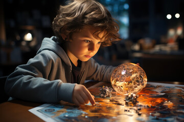 A child engrossed in solving a challenging puzzle, showcasing the brain's problem-solving capabilities. Concept of cognitive development. Generative Ai. - obrazy, fototapety, plakaty